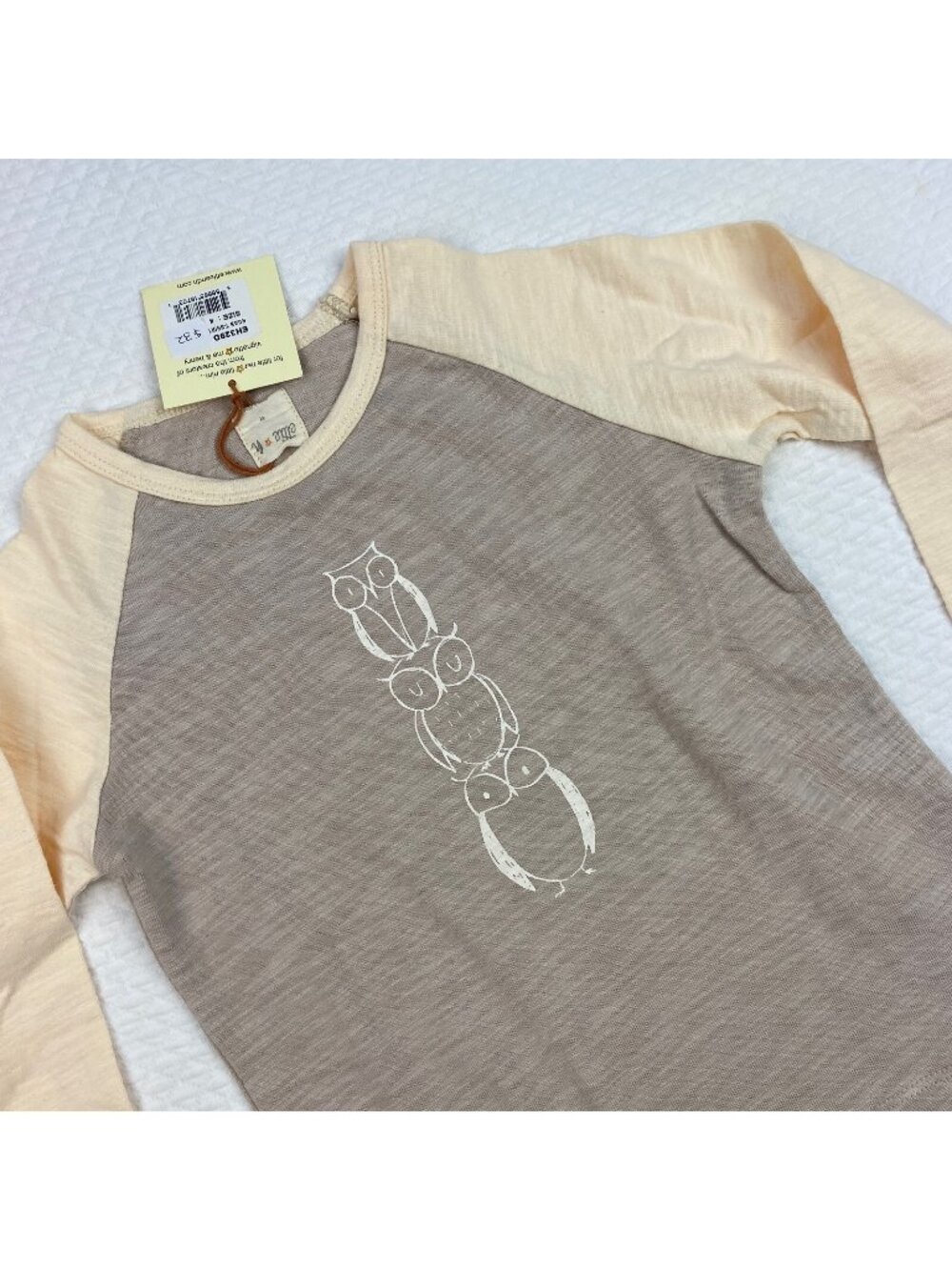 NWT Ettie + H Ruan Top Shirt Girls Size 4 Gray Beige Owl Crew Neck Long Sleeve